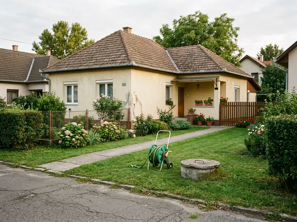 Földszintes kertes ház vakolt homlokzata, előkertjében vízmérőakna fedele.